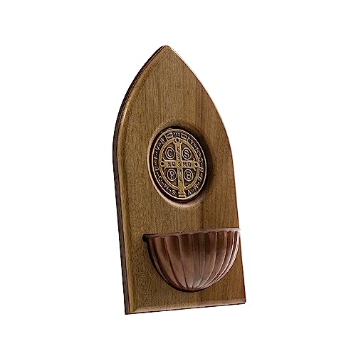 Solid Walnut Holy Water Font with St Benedict Icon - Handmade Wall Decor