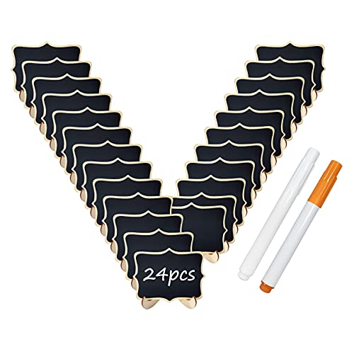 24 Pcs Mini Wooden Chalkboard Signs with Stands and Markers for Events