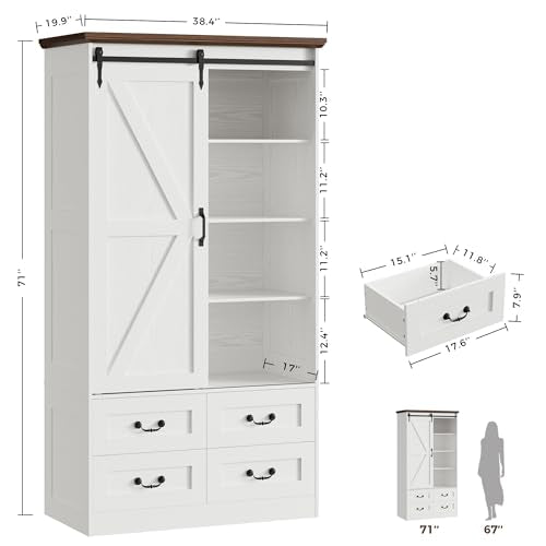 71-Inch Wooden Wardrobe Closet with Sliding Barn Doors and 4 Drawers