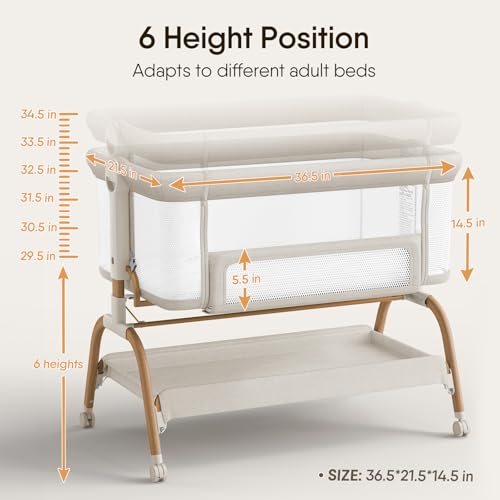 3-in-1 Bedside Bassinet Sleeper for Newborns - 6-Height Adjustable Crib, Beige