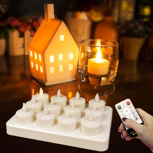 Yellow Rechargeable Tea Lights with Remote & Charging Base - 12pcs, 50+ Hour LED Flameless Candles for Wedding & Home Decor