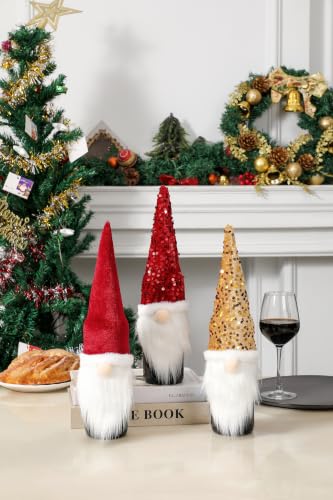 SANPLMG 3-Pack Glitter Gnomes Christmas Wine Bottle Covers - Santa & Snowman Decor