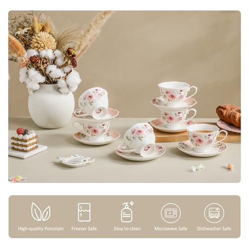 Pink Rose Floral Porcelain Tea Cup & Saucer Set of 6 - 6oz, Elegant Dinnerware