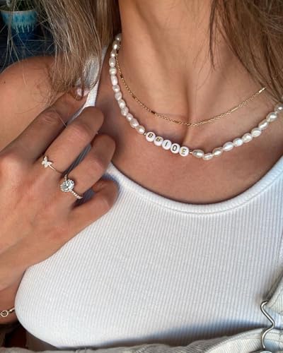 Freshwater Pearl Bride Choker Necklace with Gold Letter Beads - 14-inch