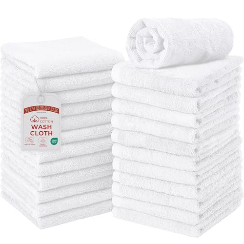 RIVERSIDE 24 White Cotton Wash Cloths - 12x12 Inches, Soft & Absorbent