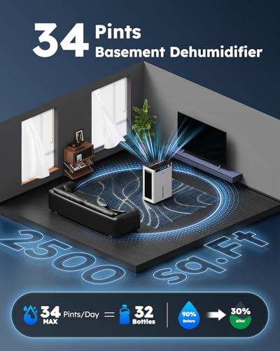 Large Room Dehumidifier 34 Pints for Basement with Drain Hose