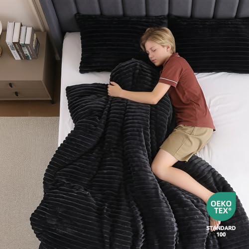Fluffy Faux Fur Queen Comforter Set - 3-Piece All-Season Black Bedding