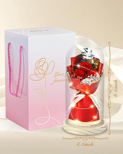 Preserved Rose Bouquet in Glass Dome with LED Lights, Eternal Floral Gift