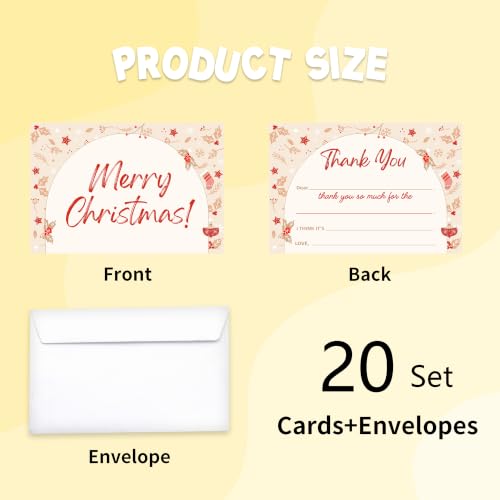 Holly and Snowflake Christmas Thank You Card Set with Envelopes - 20 Pcs