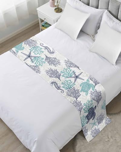 Coastal Sea Turtle Bed Runner for Full/Queen Bed - 83x20 Satin Bed Scarf