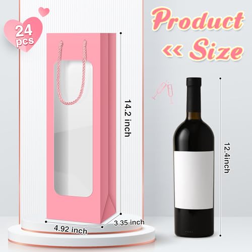 Pink Wine Gift Bags with Handles & Window, 24 Pack - Elegant & Durable