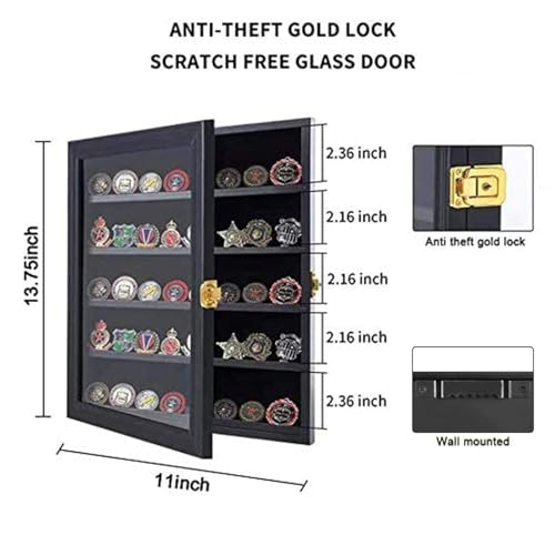 Lockable Wooden Challenge Coin Display Case with Removable Shelves