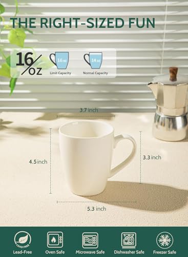 Sweese 16oz Porcelain Coffee Mug Set of 6 - White, Includes 6 Pack, Latte, Tea & Hot Chocolate Cups