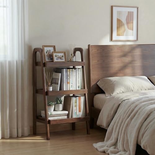 Walnut Solid Wood Ladder Shelf 3-Tier Bookcase Storage Display Stand