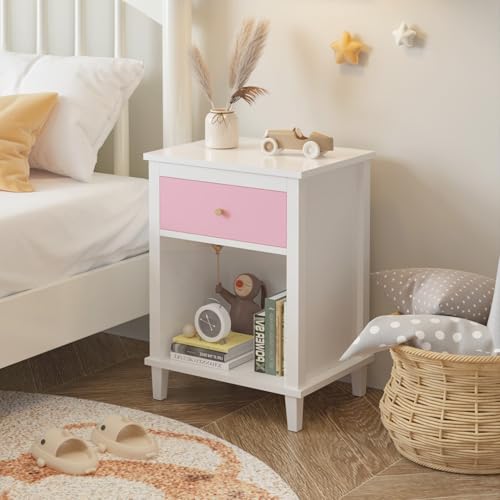 Kids Nightstand with Drawer and Storage Shelf, 2-Tier Wooden Bedside Table