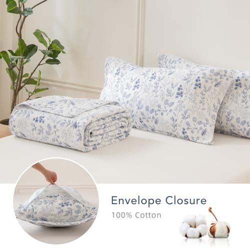 Floral King Pillow Shams Set of 2, 20x36 Blue and White Quilted Cotton