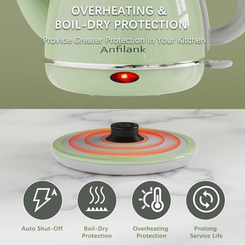 Anfilank 1L Green Electric Gooseneck Kettle, 1500W Fast Boil, Stainless Steel BPA-Free