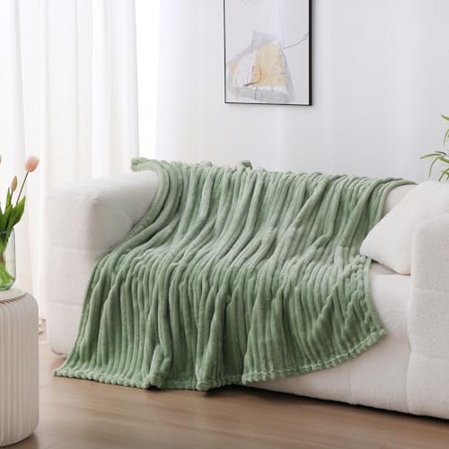 Sage Green Fleece Throw Blanket 50x60 Inches - Soft Striped Flannel
