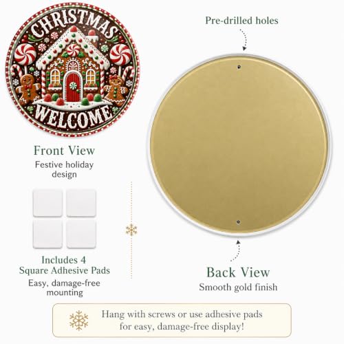 Christmas Welcome Gingerbread Metal Sign 8x8 Inch Round Holiday Decor - Brown, Red, White & Green