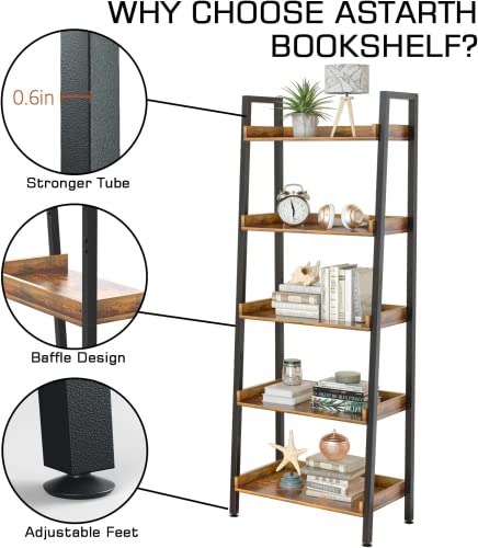 5-Tier Industrial Ladder Shelf - 67 Inch Tall Wooden Open Bookcase