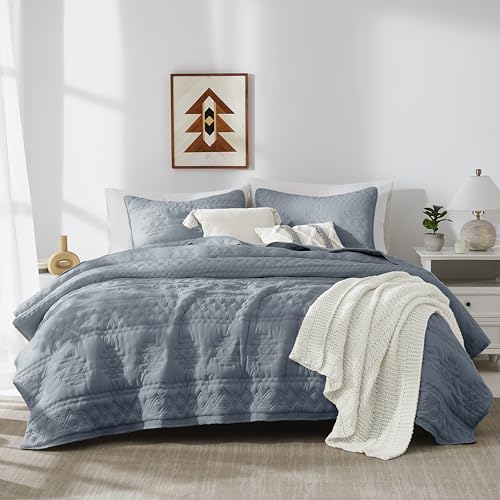 Twin Quilt Set with Pillow Sham - Lightweight Boho Blue Grey Bedding