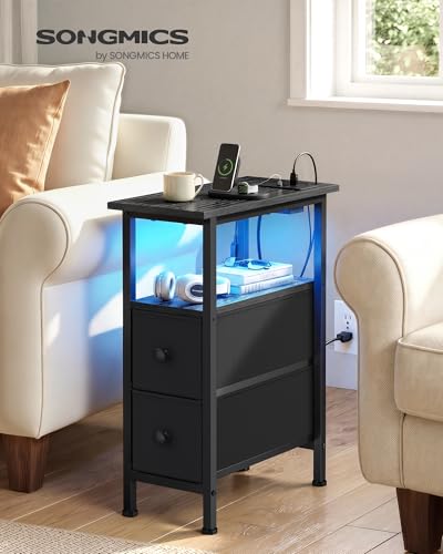 Narrow Side Table with LED Light & Charging Station, 2-Drawer Nightstand