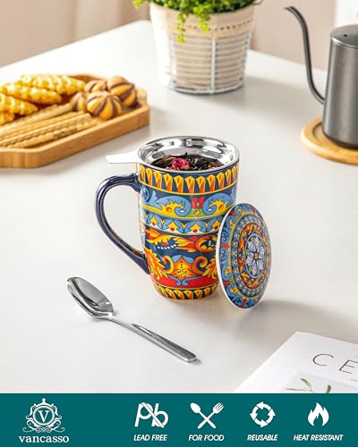 Vancasso Midnight Peacock 18 oz Tea Infuser Mug with Lid - Elegant Ceramic Coffee & Tea Cup