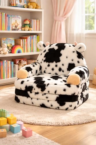 QIUODO Cow Toddler Couch Chair 2-in-1 Foldable Kids Sofa, Soft Plush Play Seat