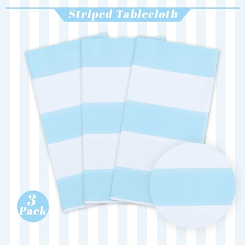 Light Blue Striped Disposable Tablecloths - 54x108 Inch, 3 Pack