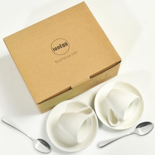 White IonEgg Porcelain Espresso Cups with Saucer & Mini Spoons, 80ml, Pack of 2