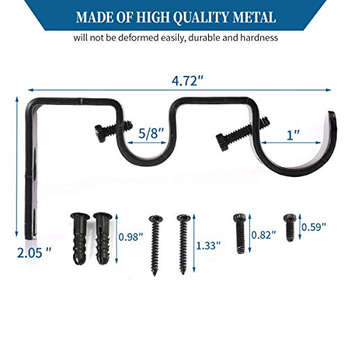 Heavy Duty Double Curtain Rod Brackets, 1 Inch & 5/8 Inch Holder Set (Black)