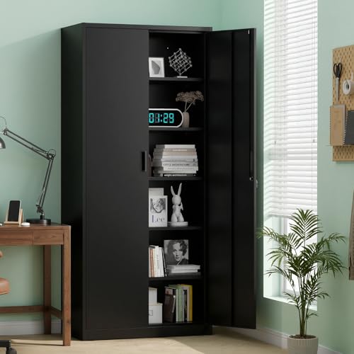 71-Inch Tall Metal Storage Cabinet with 5 Adjustable Shelves and Lockable Doors