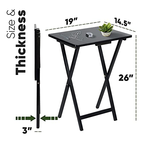 Folding TV Tray Table Set of 2 - Solid Wood Snack Tables with Storage Rack