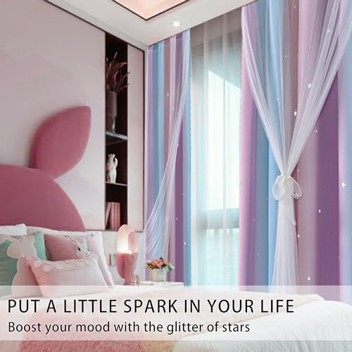 Blackout Star Curtains for Kids Bedroom - Pink & Purple 63-Inch Drapes
