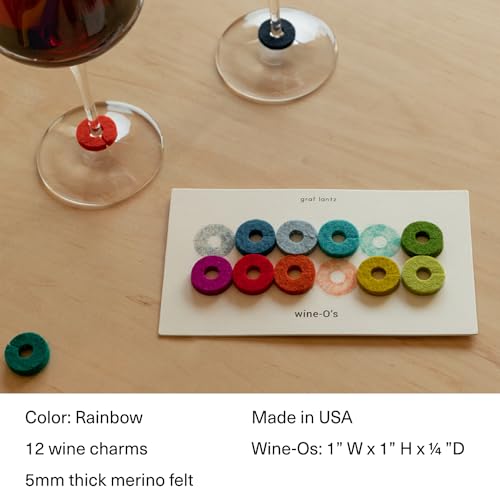 Graf Lantz Rainbow Merino Wool Wine Glass Charms - Drink Markers with Note Card, 12 Count, Round Variation