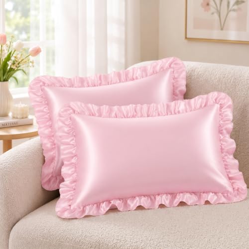 Ruffled Satin Pillow Shams - Blush Pink Standard 20x26 Inch Set of 2