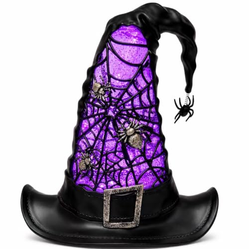 Halloween Witch Hat Snow Globe Lantern with Purple LED Light and Glitter