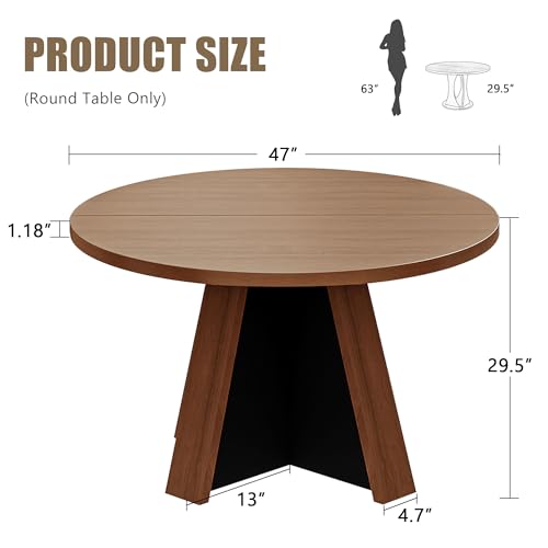 47-Inch Round Dining Table for 4-6, Modern Farmhouse Kitchen Table, Walnut