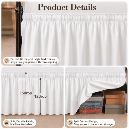 Queen Bed Skirt 15 Inch Drop - Elastic Wrap Around Dust Ruffle, White