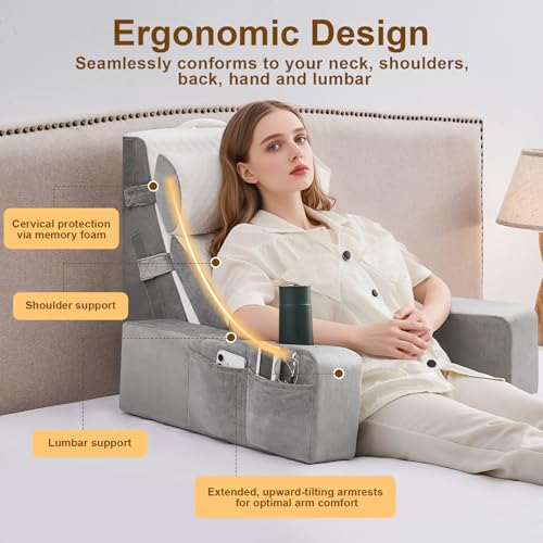 Reading Pillow with Arms and Cup Holder for Back Support