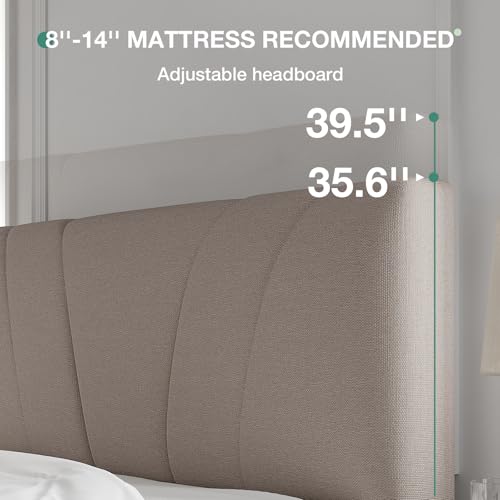 King Size Upholstered Platform Bed Frame with Adjustable Headboard, Beige