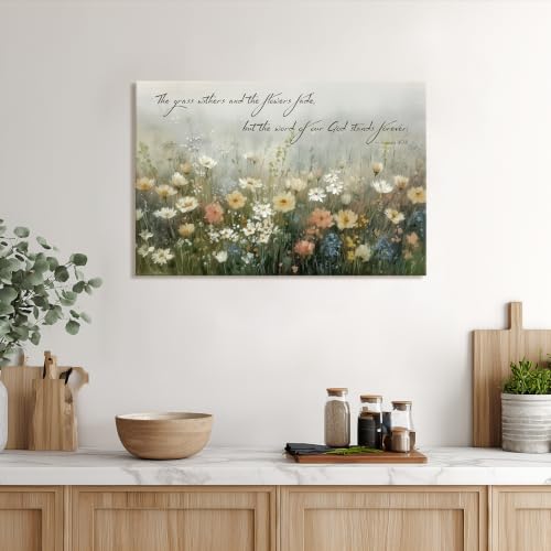 BewDalky Christian Floral Canvas Wall Art - Bible Verse & Wildflowers, Wrapped Canvas, 30 x 20 inches, Yellow White