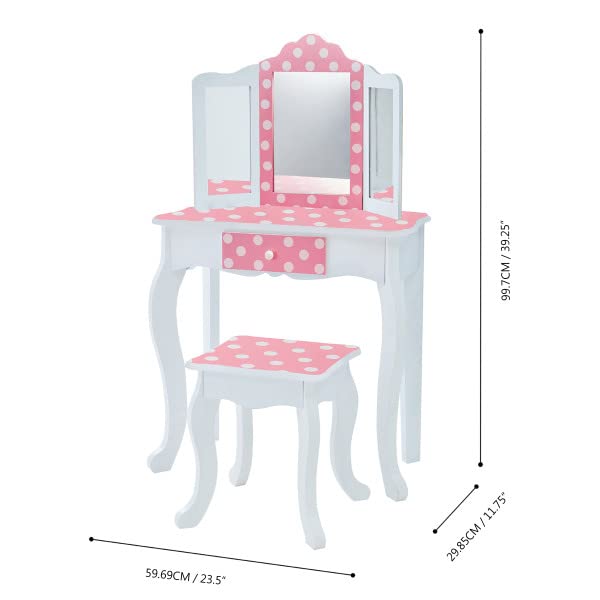 Kids Wooden Play Vanity Set with Tri-Fold Mirror, Drawer, and Matching Stool