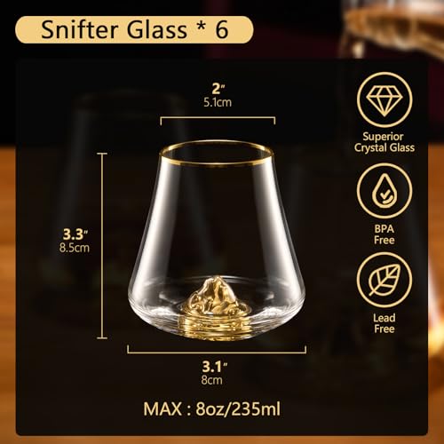 DUJUST Classic Whiskey Glass Set of 6 with 24K Gold Mountain, 8oz Crystal Old Fashioned Glasses for Bourbon & Cognac