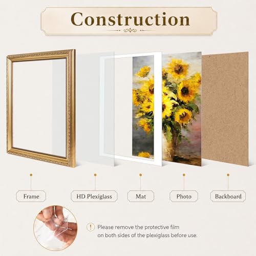 10x13 Vintage Gold Picture Frame with 9x12 Mat for Wall Hanging