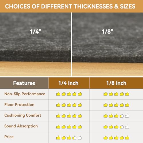 Non-Slip 1/4" Thick Felt and Rubber Rug Pad for 8x10 Area Rugs