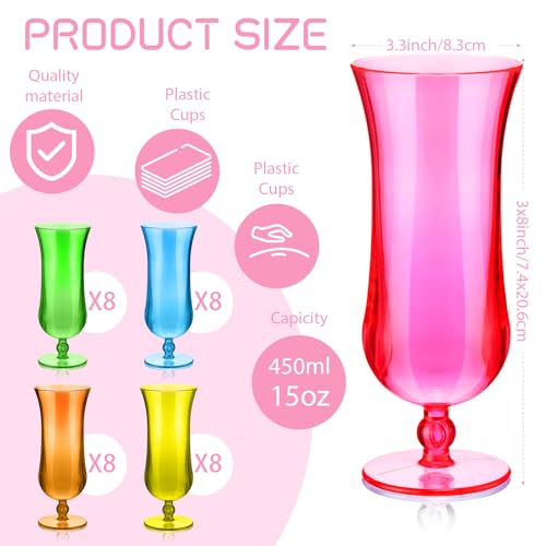 40 Pack 15oz Colorful Plastic Hurricane Glasses for Summer Parties