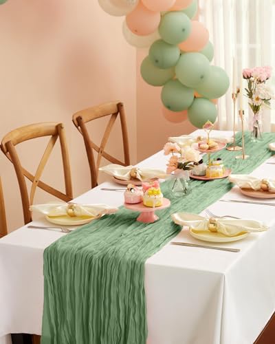 Pureegg 12 Pack Sage Green Cheesecloth Table Runner 120 Inch for Wedding Party and Events