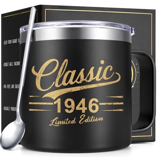 80th Birthday Gifts for Men - Classic 1946 Insulated Coffee Mug with Lid & Straw, 14oz Black