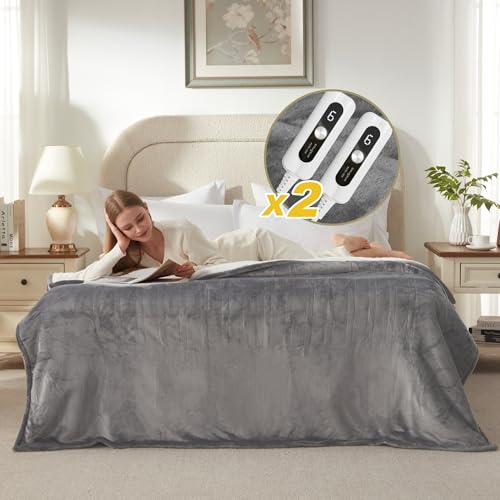 King Size Electric Heated Blanket with Dual Control, 100x90 Flannel & Sherpa